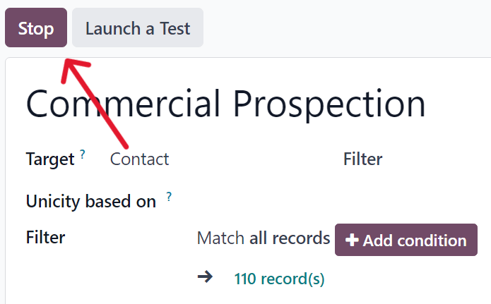 The stop button on a typical campaign detail form in SotaERP Marketing Automation application.