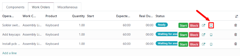 The tablet view button for a work order on a manufacturing order.