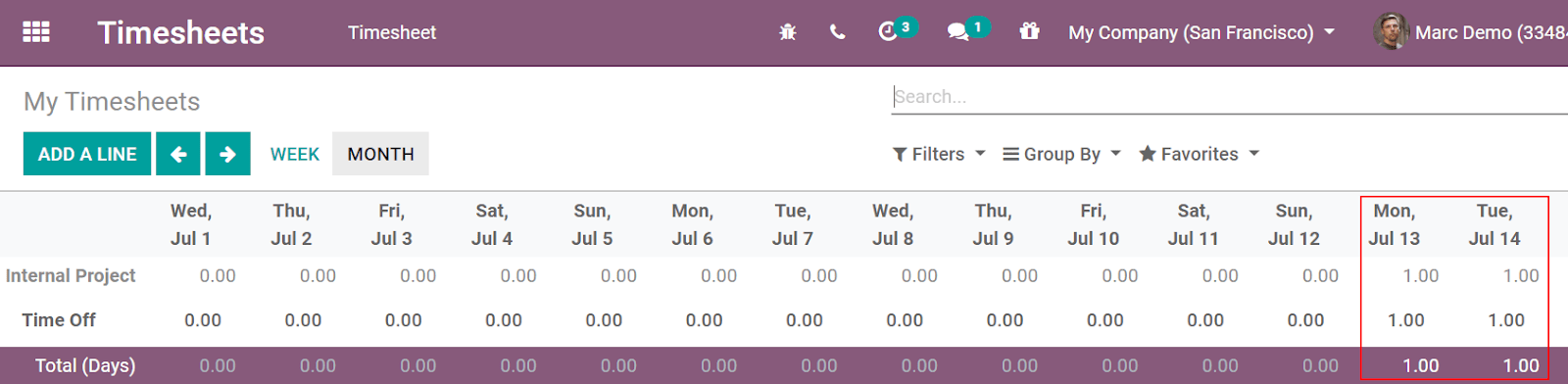 Video of timesheets emphasizing the requested time off from the employee in SotaERP Timesheets