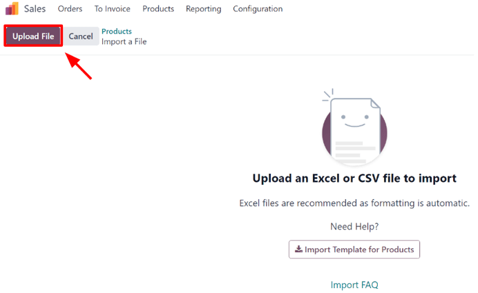 The upload file button on the import products template download page in SotaERP Sales.