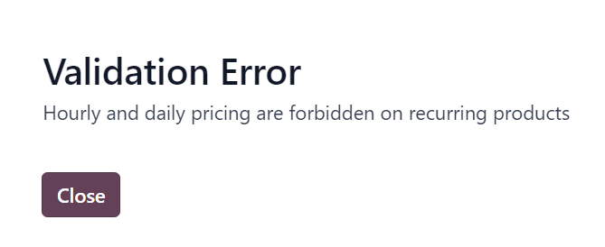 The validation error pop-up window that appears in SotaERP Subscriptions.