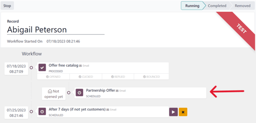 Workflow test progress in SotaERP Marketing Automation.