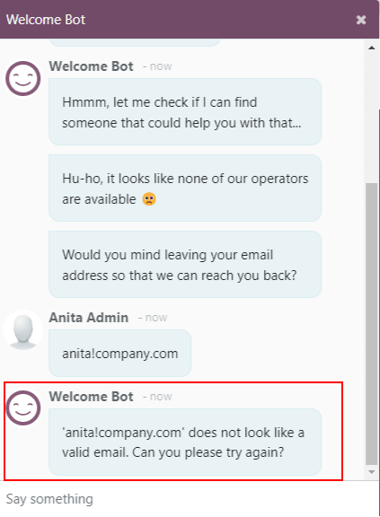 Hình ảnh của một chatbot phản hồi đến một địa chỉ email không hợp lệ.