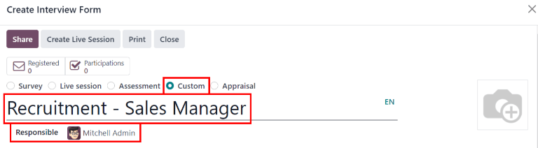 Phần đầu của mẫu phỏng vấn mới với tất cả các thông tin đã được điền và chọn lựa.