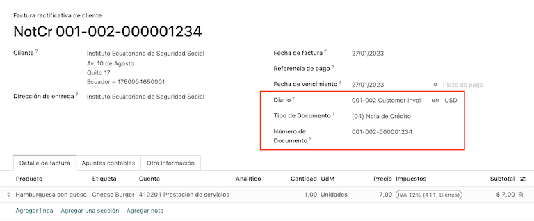 Phiếu Ghi Nhận Tín Dụng Khách Hàng cho Ecuador.