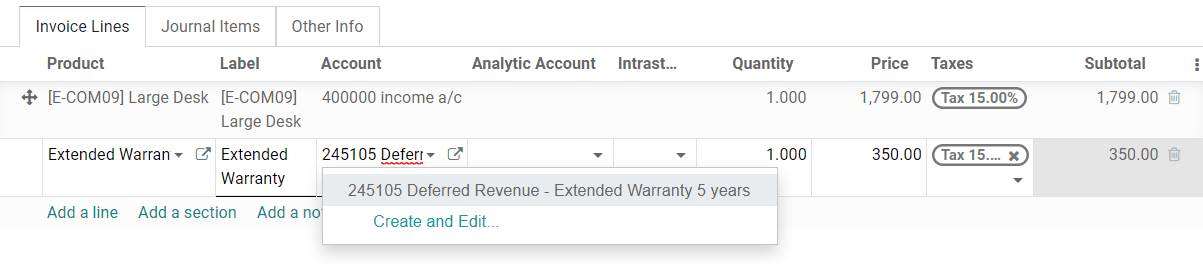 Chọn một Tài khoản Doanh thu Hoãn lại trên một hóa đơn nháp trong SotaERP Accounting