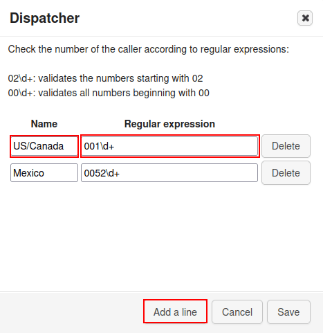 Bảng cấu hình Dispatcher, với tên, biểu thức chính quy và thêm một dòng được đánh dấu.