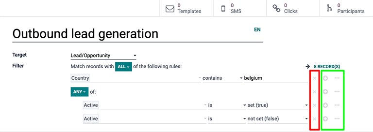 Menu lọc thả xuống trong ứng dụng Marketing Automation.