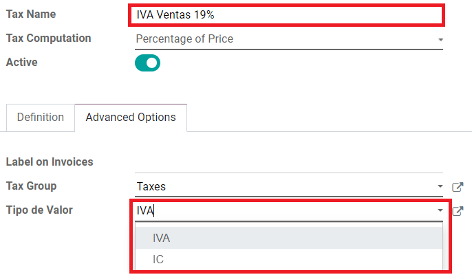 Các trường ICA, IVA và Fuente trong tab Tùy chọn Nâng cao trong SotaERP.