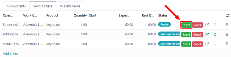 Nút Bắt đầu cho một hoạt động trên một đơn đặt hàng sản xuất.