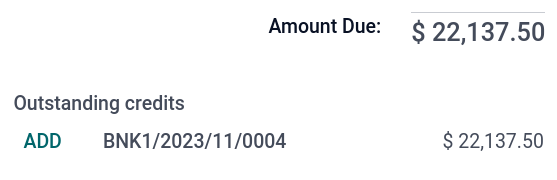 Shows the ADD option to reconcile an invoice or a bill with a payment.