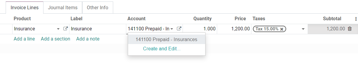 Selection of a Deferred Expense Account on a draft bill in SotaFMS Accounting