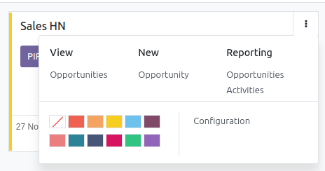 Click the Three Dot Menu in Odoo CRM dashboard to view documents and create opportunities.