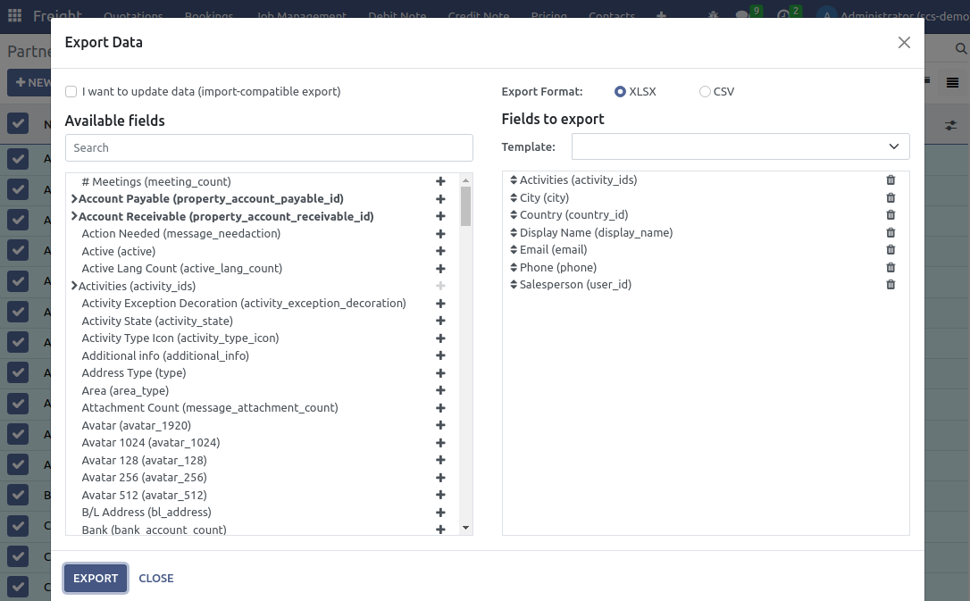 overview of all the options to take into account when exporting data in Odoo